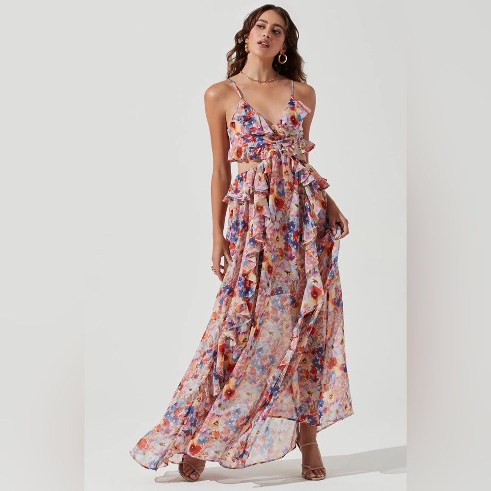 ASTR Pink Purple Multi Color PALACE FLORAL CUTOUT MAXI DRESS size M